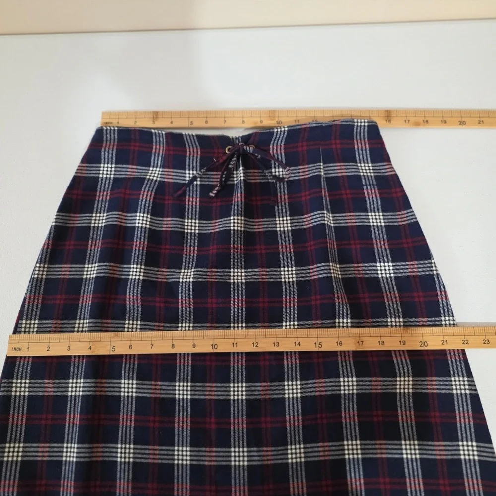 Maxi Skirt Women 12 Navy Red Plaid Fringed Hem Front Tie Preppy Academia‎